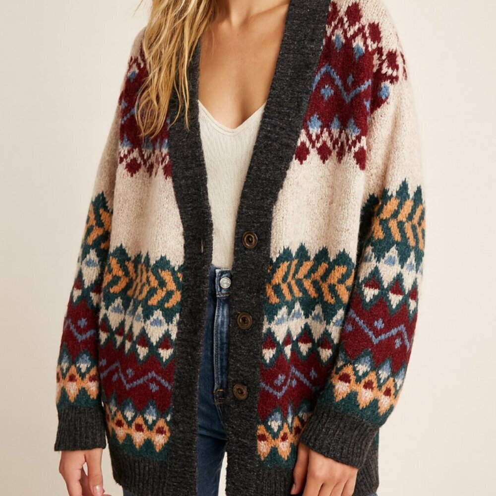 BEULAH Fair Isle Chunky Boho Festive Oversized Button Down Cardigan Sweater OS